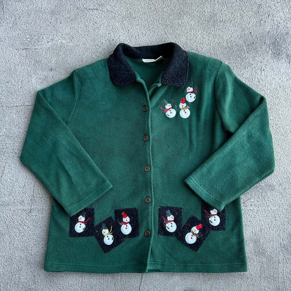 Vintage STUDIO Women's Green Christmas Snowman Pattern Fleece Button-Up Jacket